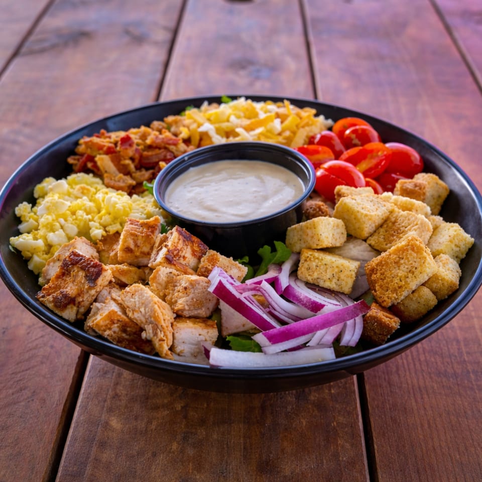 A black bowl filled with a salad featuring chicken, tomatoes, croutons, cheese, and dressing.